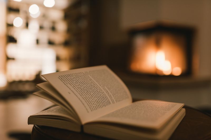 Blick auf ein Buch vor dem Kamin in der Bibliothek 